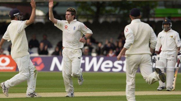 James Anderson celebrates his first Test wicket