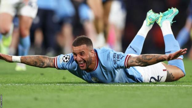 Kyle Walker celebrates after Manchester City's Champions League win