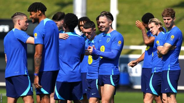 England players at training, including Jack Grealish and John Stones