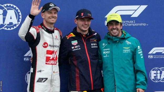 Nico Hulkenberg, Max Verstappen and Fernando Alonso celebrate qualifying in the top three for the Canadian Grand Prix